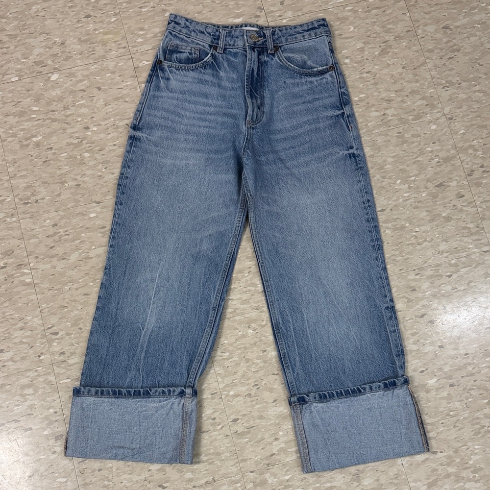 Zara Denim Cuffed Straight Leg Jeans